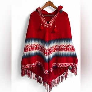 Red and White Alpaca Poncho